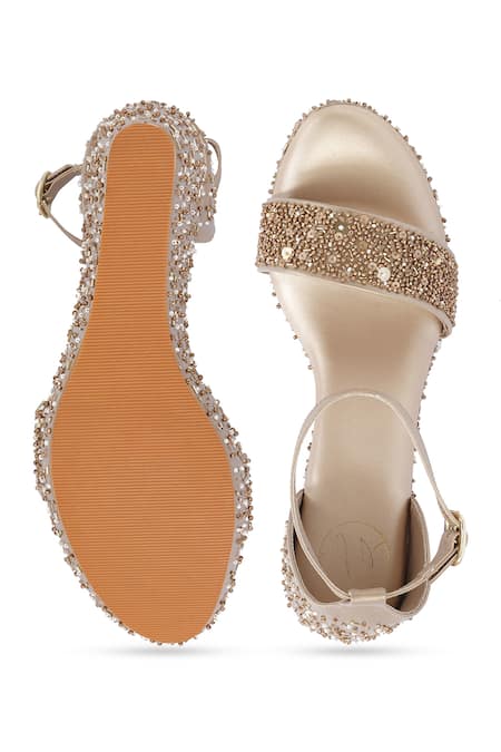 NR By Nidhi Rathi_Gold Beads, Sequins Embellished Open-toe Wedge Heels _at_Aza_Fashions
