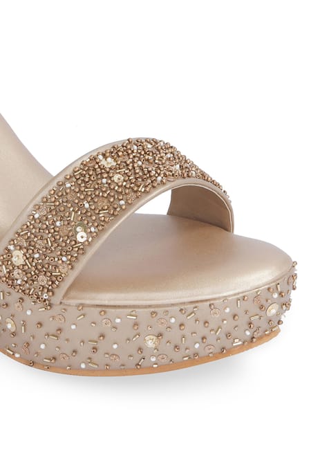 Buy NR By Nidhi Rathi Gold Beads, Sequins Embellished Open-toe Wedge Heels Buy_NR By Nidhi Rathi_Gold Beads, Sequins Embellished Open-toe Wedge Heels