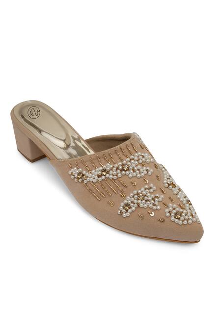 Shop_NR By Nidhi Rathi_Beige Pearls, Sequins Suede Embellished Mid-top Heels _Online_at_Aza_Fashions