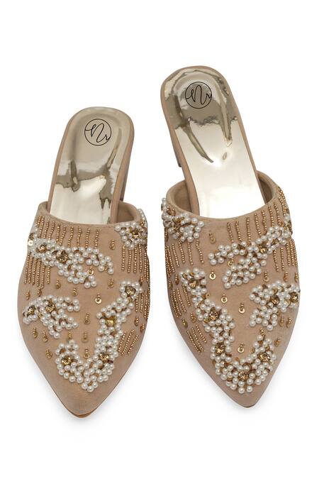 NR By Nidhi Rathi_Beige Pearls, Sequins Suede Embellished Mid-top Heels _at_Aza_Fashions