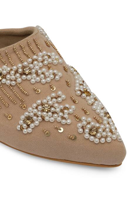 Buy_NR By Nidhi Rathi_Beige Pearls, Sequins Suede Embellished Mid-top Heels 