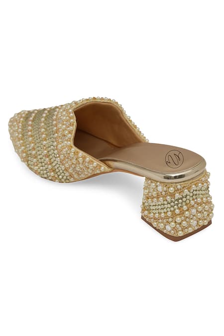 Buy NR By Nidhi Rathi Gold Pearls, Rhinestones Embellished Block Heel Mules Online at Aza Fashions Buy_NR By Nidhi Rathi_Gold Pearls, Rhinestones Embellished Block Heel Mules _Online_at_Aza_Fashions