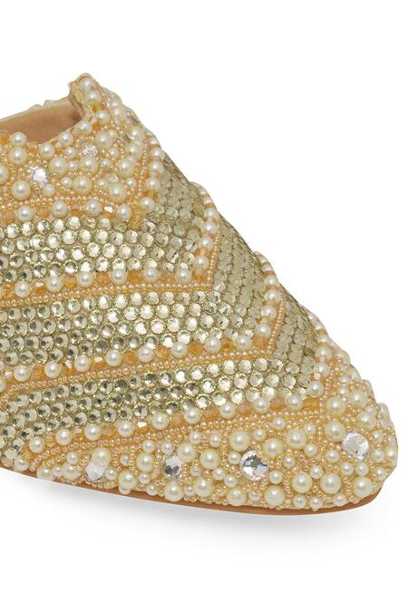Shop NR By Nidhi Rathi Gold Pearls, Rhinestones Embellished Block Heel Mules Online at Aza Fashions Shop_NR By Nidhi Rathi_Gold Pearls, Rhinestones Embellished Block Heel Mules _Online_at_Aza_Fashions