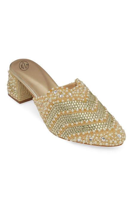 Buy NR By Nidhi Rathi Gold Pearls, Rhinestones Embellished Block Heel Mules Buy_NR By Nidhi Rathi_Gold Pearls, Rhinestones Embellished Block Heel Mules