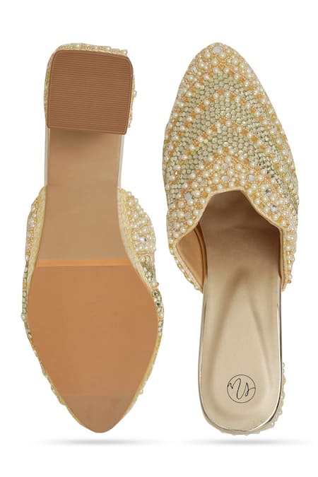 Shop NR By Nidhi Rathi Gold Pearls, Rhinestones Embellished Block Heel Mules at Aza Fashions Shop_NR By Nidhi Rathi_Gold Pearls, Rhinestones Embellished Block Heel Mules _at_Aza_Fashions