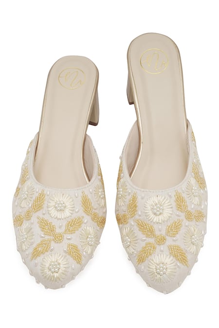 Buy_NR By Nidhi Rathi_Gold Fabric Flowers, Beads Embellished Mid-top Block Heel Sandals _Online_at_Aza_Fashions