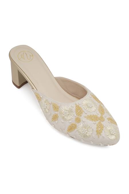 Shop NR By Nidhi Rathi Gold Fabric Flowers, Beads Embellished Mid-top Block Heel Sandals Online at Aza Fashions Shop_NR By Nidhi Rathi_Gold Fabric Flowers, Beads Embellished Mid-top Block Heel Sandals _Online_at_Aza_Fashions