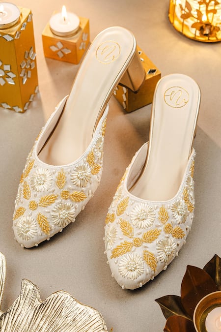 NR By Nidhi Rathi Gold Embellished Mid-Top Block Heel Sandals 