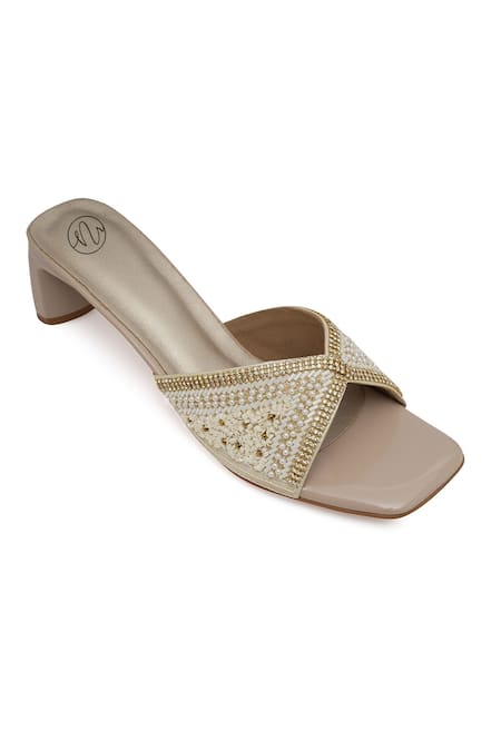Shop_NR By Nidhi Rathi_Gold Beads, Sequins Luxe Embellished Block Heel Sandals _Online_at_Aza_Fashions