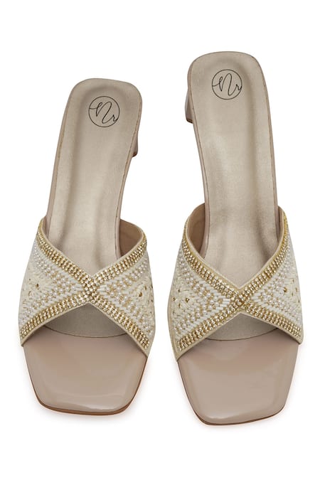NR By Nidhi Rathi_Gold Beads, Sequins Luxe Embellished Block Heel Sandals _at_Aza_Fashions