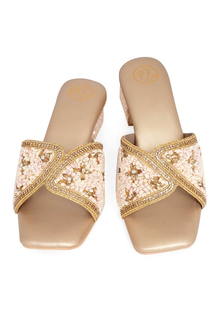 NR By Nidhi Rathi_Gold Beads, Sequins Embellished Block Heel Sandals _Online_at_Aza_Fashions