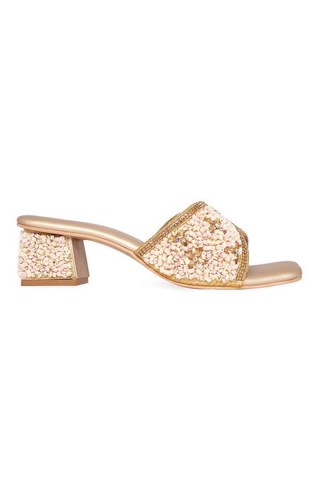 Buy_NR By Nidhi Rathi_Gold Beads, Sequins Embellished Block Heel Sandals _Online_at_Aza_Fashions