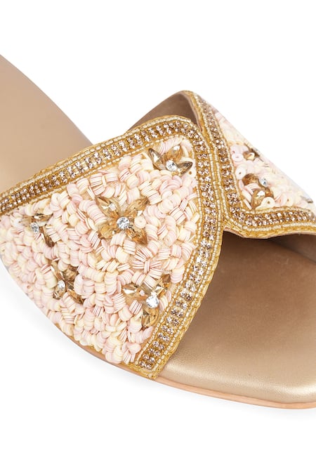Buy_NR By Nidhi Rathi_Gold Beads, Sequins Embellished Block Heel Sandals 