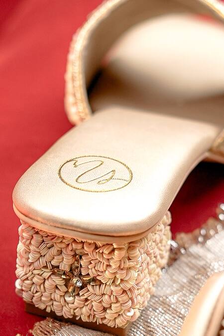 Shop_NR By Nidhi Rathi_Gold Beads, Sequins Embellished Block Heel Sandals 