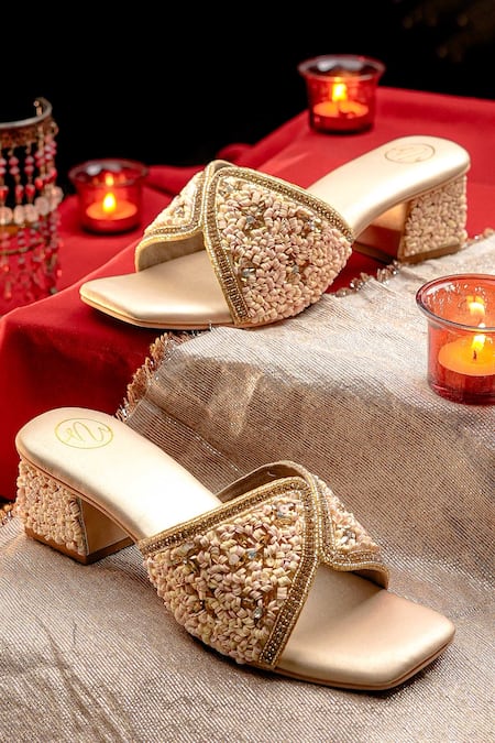 NR By Nidhi Rathi Gold Embellished Block Heel Sandals