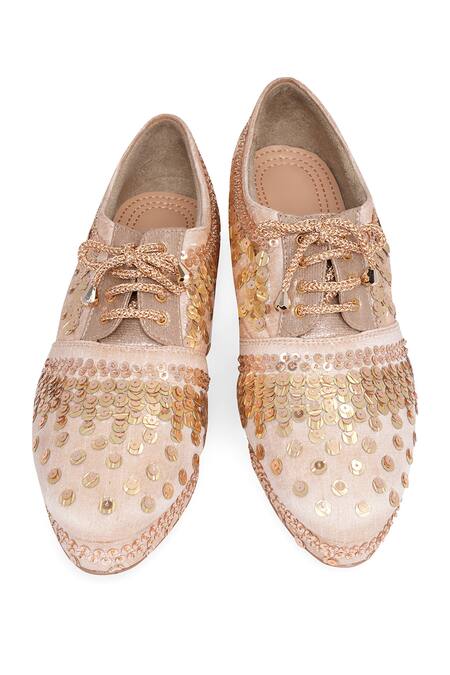 Buy_NR By Nidhi Rathi_Gold Sequins Embellished Wedge Party Sandals _Online_at_Aza_Fashions