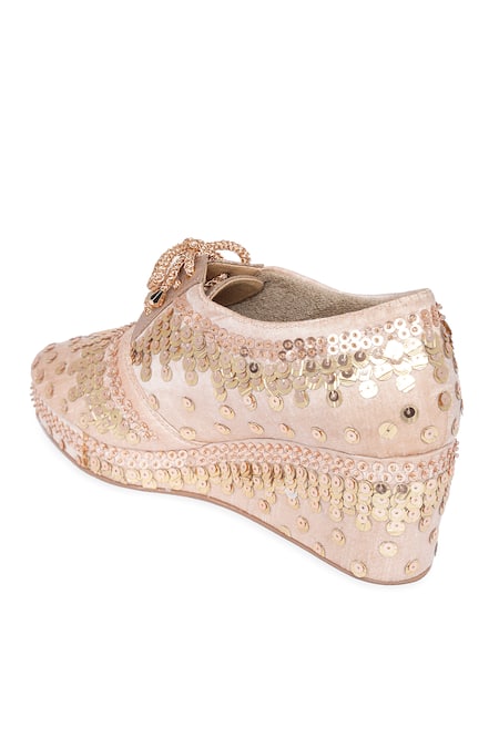 Buy_NR By Nidhi Rathi_Gold Sequins Embellished Wedge Party Sandals 