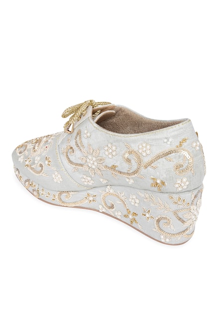 Shop_NR By Nidhi Rathi_Silver Embroidery, Pearls Embellished Wedge Party Sandals _Online_at_Aza_Fashions