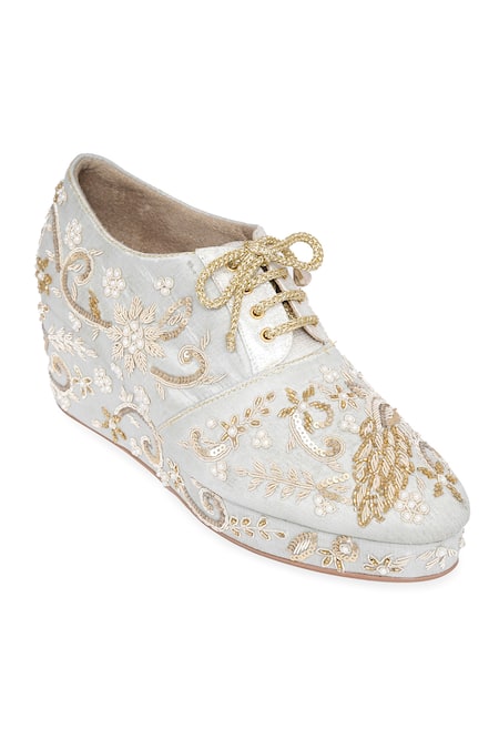 NR By Nidhi Rathi_Silver Embroidery, Pearls Embellished Wedge Party Sandals _at_Aza_Fashions