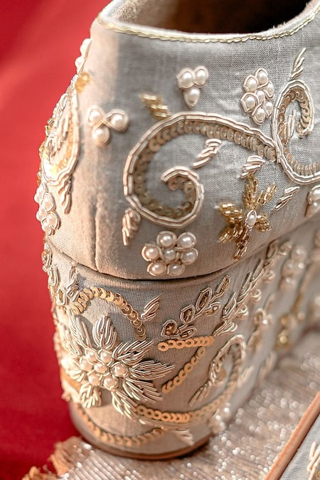 Buy NR By Nidhi Rathi Silver Embroidery, Pearls Embellished Wedge Party Sandals Buy_NR By Nidhi Rathi_Silver Embroidery, Pearls Embellished Wedge Party Sandals