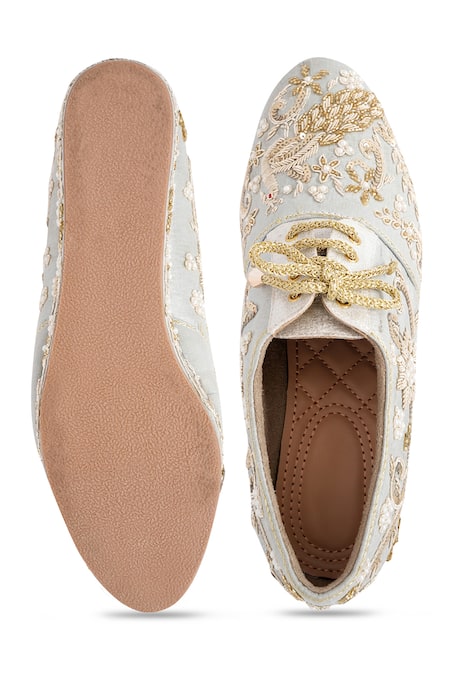 Shop_NR By Nidhi Rathi_Silver Embroidery, Pearls Embellished Wedge Party Sandals _at_Aza_Fashions