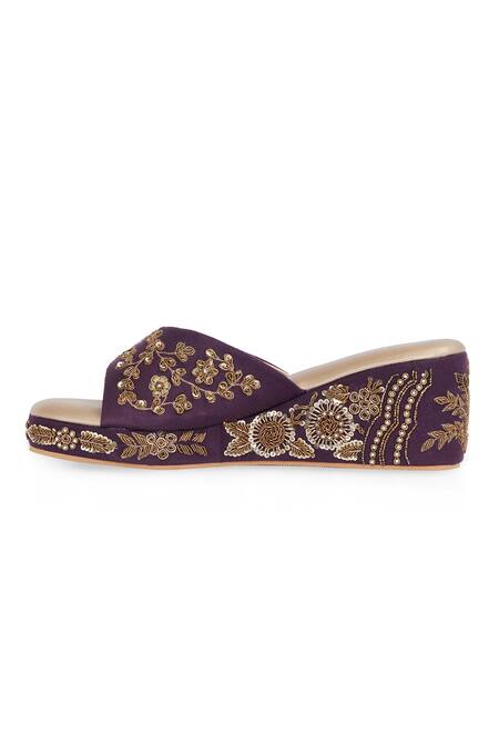Buy_NR By Nidhi Rathi_Purple Embroidery Western Embellished Velvet Wedge Sandals _Online_at_Aza_Fashions