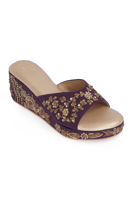 Shop_NR By Nidhi Rathi_Purple Embroidery Western Embellished Velvet Wedge Sandals _Online_at_Aza_Fashions