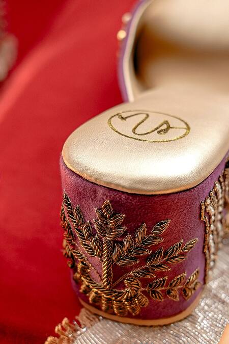 Buy NR By Nidhi Rathi Purple Embroidery Western Embellished Velvet Wedge Sandals Buy_NR By Nidhi Rathi_Purple Embroidery Western Embellished Velvet Wedge Sandals