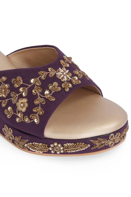 Shop NR By Nidhi Rathi Purple Embroidery Western Embellished Velvet Wedge Sandals Shop_NR By Nidhi Rathi_Purple Embroidery Western Embellished Velvet Wedge Sandals