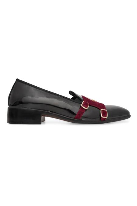 NR By Nidhi Rathi_Black Embroidery Maroon And Suede Monk Shoes _Online_at_Aza_Fashions