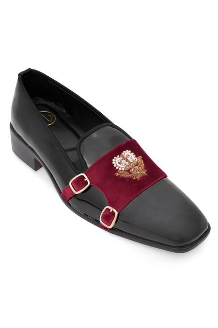 Shop_NR By Nidhi Rathi_Black Embroidery Maroon And Suede Monk Shoes _Online_at_Aza_Fashions