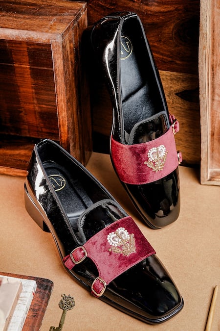 NR By Nidhi Rathi Maroon & Black Suede Monk Shoes 