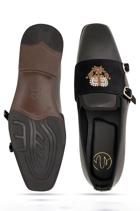 Shop NR By Nidhi Rathi Black Embroidery Suede Monk Shoes at Aza Fashions Shop_NR By Nidhi Rathi_Black Embroidery Suede Monk Shoes _at_Aza_Fashions