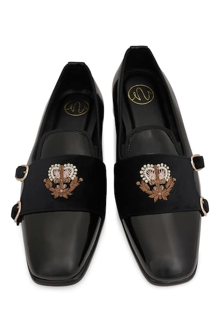 NR By Nidhi Rathi_Black Embroidery Suede Monk Shoes _at_Aza_Fashions