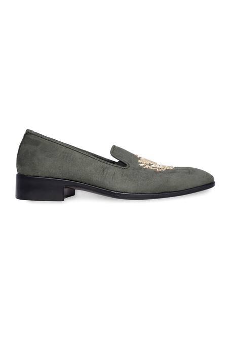 NR By Nidhi Rathi_Gray Grey Embroidered Suede Loafers _Online_at_Aza_Fashions