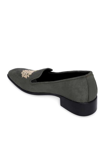 Buy_NR By Nidhi Rathi_Gray Grey Embroidered Suede Loafers _Online_at_Aza_Fashions