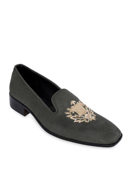 Shop_NR By Nidhi Rathi_Gray Grey Embroidered Suede Loafers _Online_at_Aza_Fashions