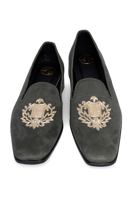 NR By Nidhi Rathi_Gray Grey Embroidered Suede Loafers _at_Aza_Fashions
