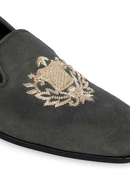 Buy_NR By Nidhi Rathi_Gray Grey Embroidered Suede Loafers 
