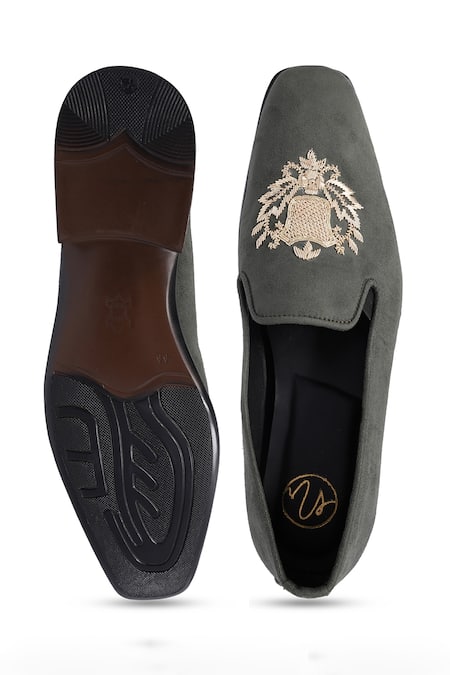 NR By Nidhi Rathi Grey Embroidered Suede Loafers 