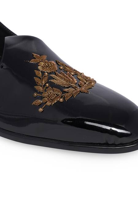 NR By Nidhi Rathi_Black Embroidery Patent Brogues _at_Aza_Fashions