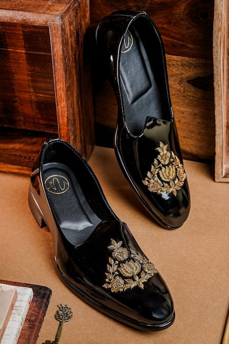 NR By Nidhi Rathi Black Patent Embroidered Brogues 