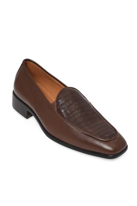 Shop_NR By Nidhi Rathi_Brown Textured Patent Loafers _Online_at_Aza_Fashions