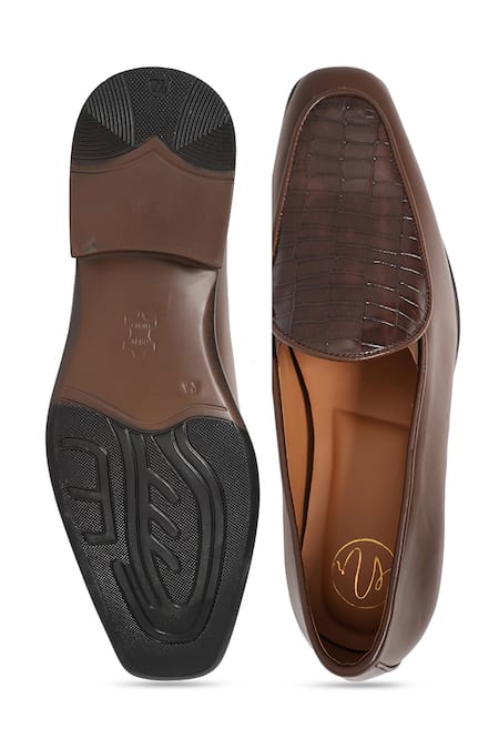 Shop_NR By Nidhi Rathi_Brown Textured Patent Loafers _at_Aza_Fashions