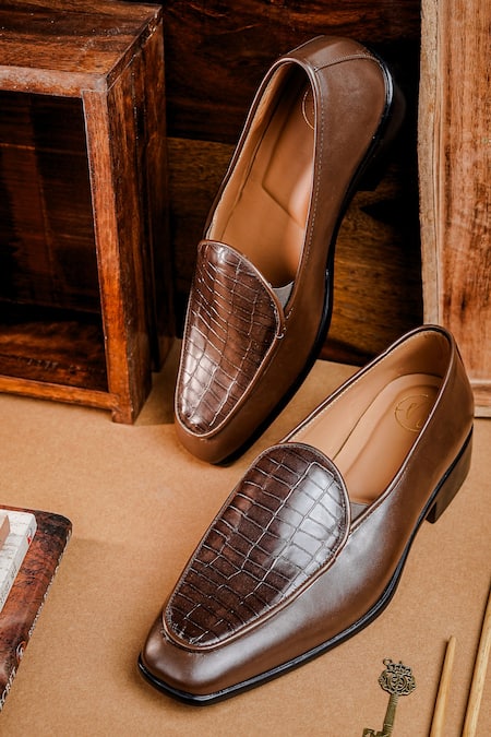 NR By Nidhi Rathi Brown Textured Patent Loafers 