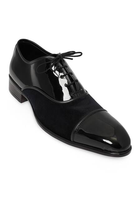 Shop_NR By Nidhi Rathi_Black Glossy Textured Suede Derbys _Online_at_Aza_Fashions