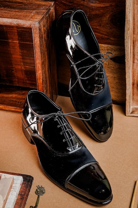 NR By Nidhi Rathi Glossy Black Textured Suede Derbys 