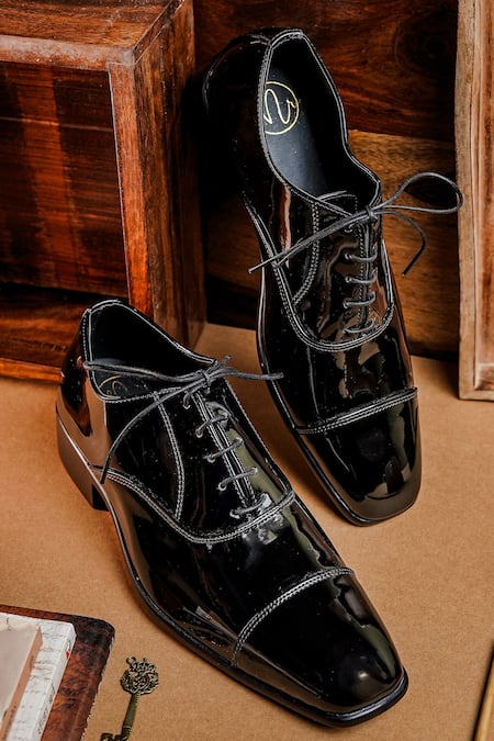 NR By Nidhi Rathi Glossy Black Patent Derby Shoes 