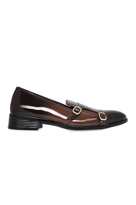 NR By Nidhi Rathi_Brown Buckles Patent Monk Shoes_Online_at_Aza_Fashions