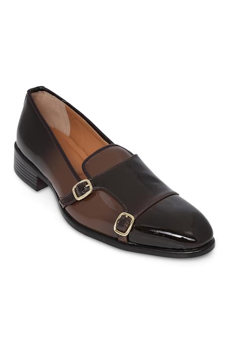 Shop_NR By Nidhi Rathi_Brown Buckles Patent Monk Shoes_Online_at_Aza_Fashions